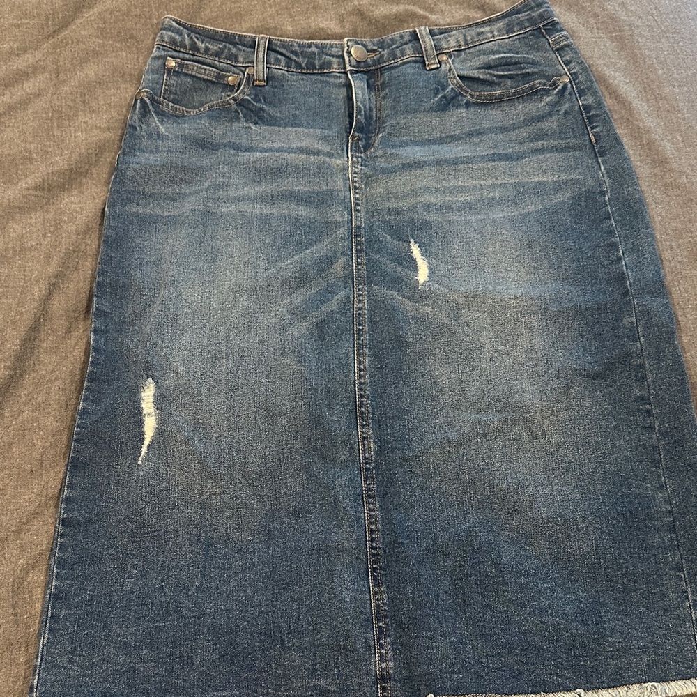 Light Distress Jean Midi Skirt
